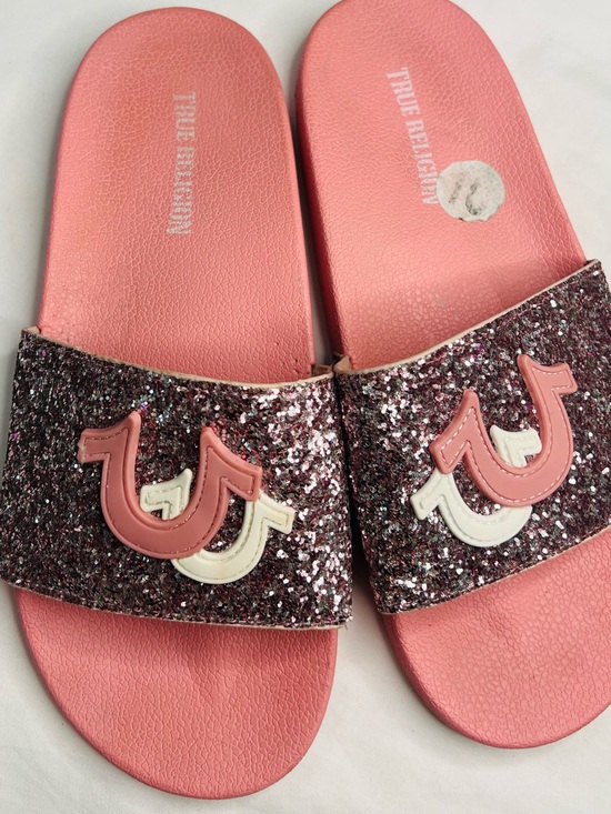True Religion Shoes - True Religion Pink Glitter Logo Slide Sandals
